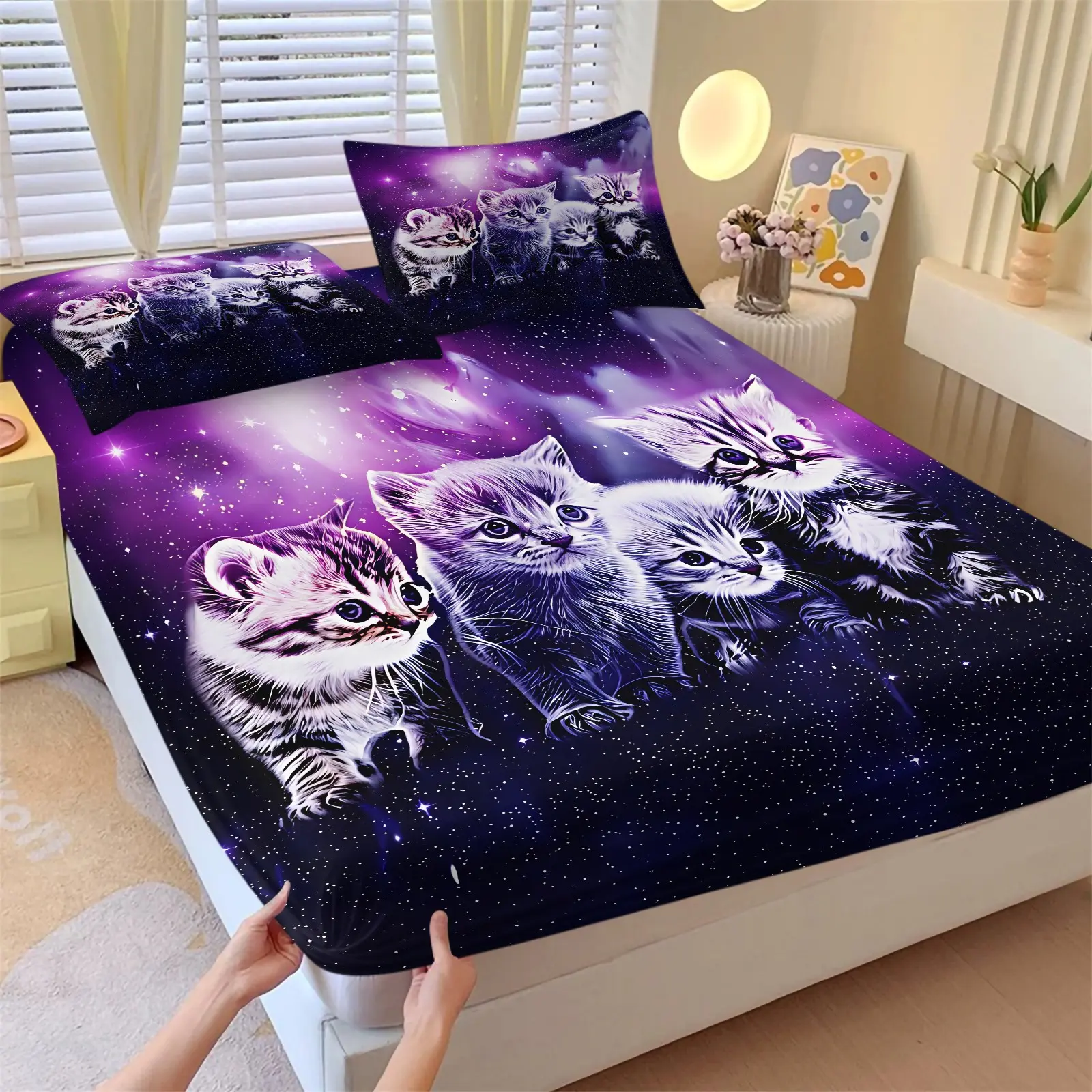 Galaxy Kitten Fitted Sheet Set and 2 Coreless Pillowcases, Purple Starry Sky & Cute Cat Pattern, Soft Anti-Slip Wrinkle-Resistant Mattress Protector, Cat Lovers Healing Style Bedroom Decor Gift Choice