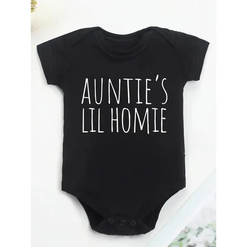 100% Pure Cotton Baby Onesies Auntie'S Lil Homie Letter Print Soft Casual Round Neck Baby Onesies, for Outdoor