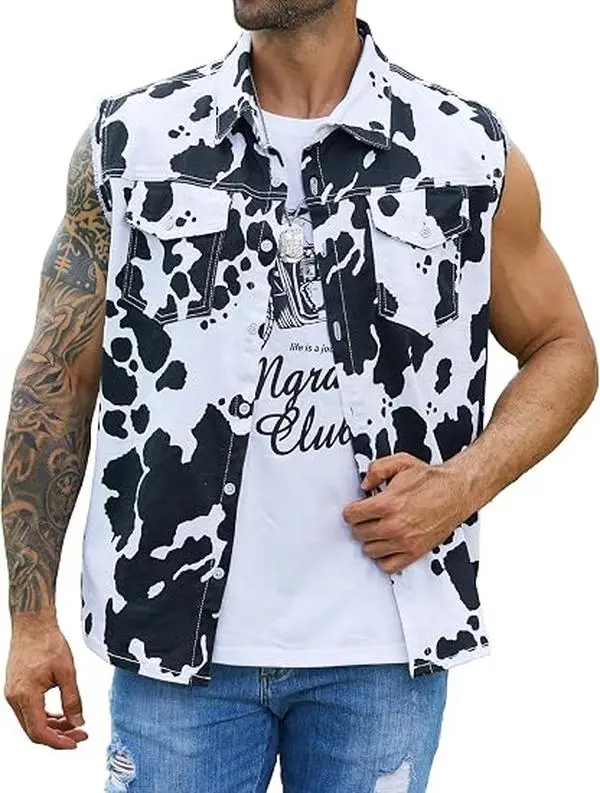 WIRDATRD Halloween Men's Cow Print Denim Vest Sleeveless Jean Shirt Collar Slim Fit Lightweight Cowboy Casual 80's Style Menswear Western Tops