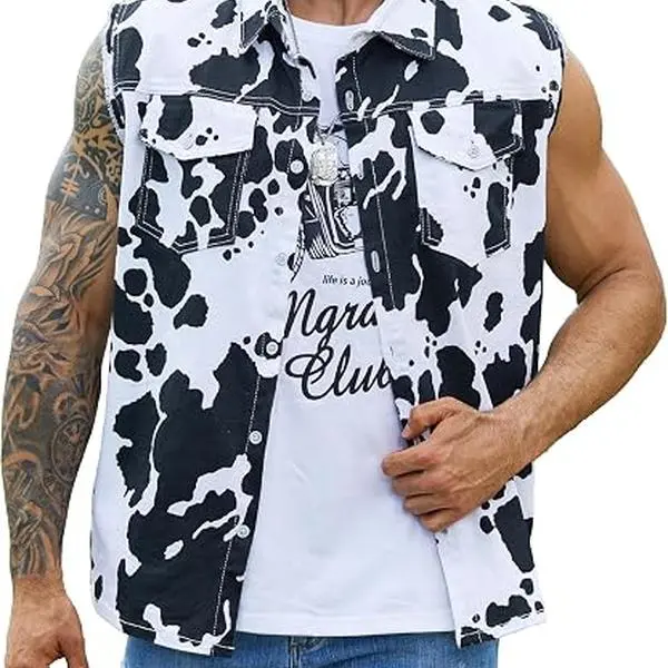 Cow Print Men’s Denim Vest 2026 Halloween Costumes Sleeveless Summer Fall Casual Jacket Cowboy Style Outdoor Fashion Menswear Festival Dad Gifts Guys Love Top