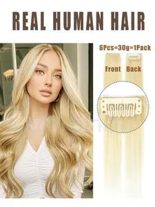 6Pcs 30G A Pack Real Human Hair Clip in Hair Extensions Remy Hair Clip in Hair Extensions Platinum Blonde Hair Thick Silky Straight Real Human Hair darkest brown to brown natural balck and light blonde for Halloween Christmas party