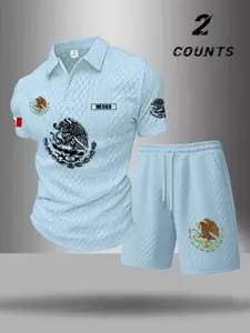 Men's Mexico Emblem Plaid Polo Set, Short Sleeve Collared Shirt & Drawstring Shorts, Sporty Casual Two-Piece