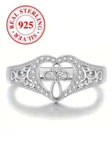 S925 sterling silver exquisite hollow heart cross rings for women fashion elegant personality niche design ring suitable for daily party wear jewelry gift（with box）