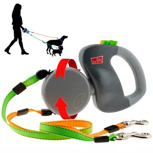 Dual (2) Dog Retractable Leash, Auto-Untangles, Supports Up To 50lb Dogs, 10ft Distance Each Dog, Color-Coded Control, Reflective Leads, Weatherproof, Gray Color