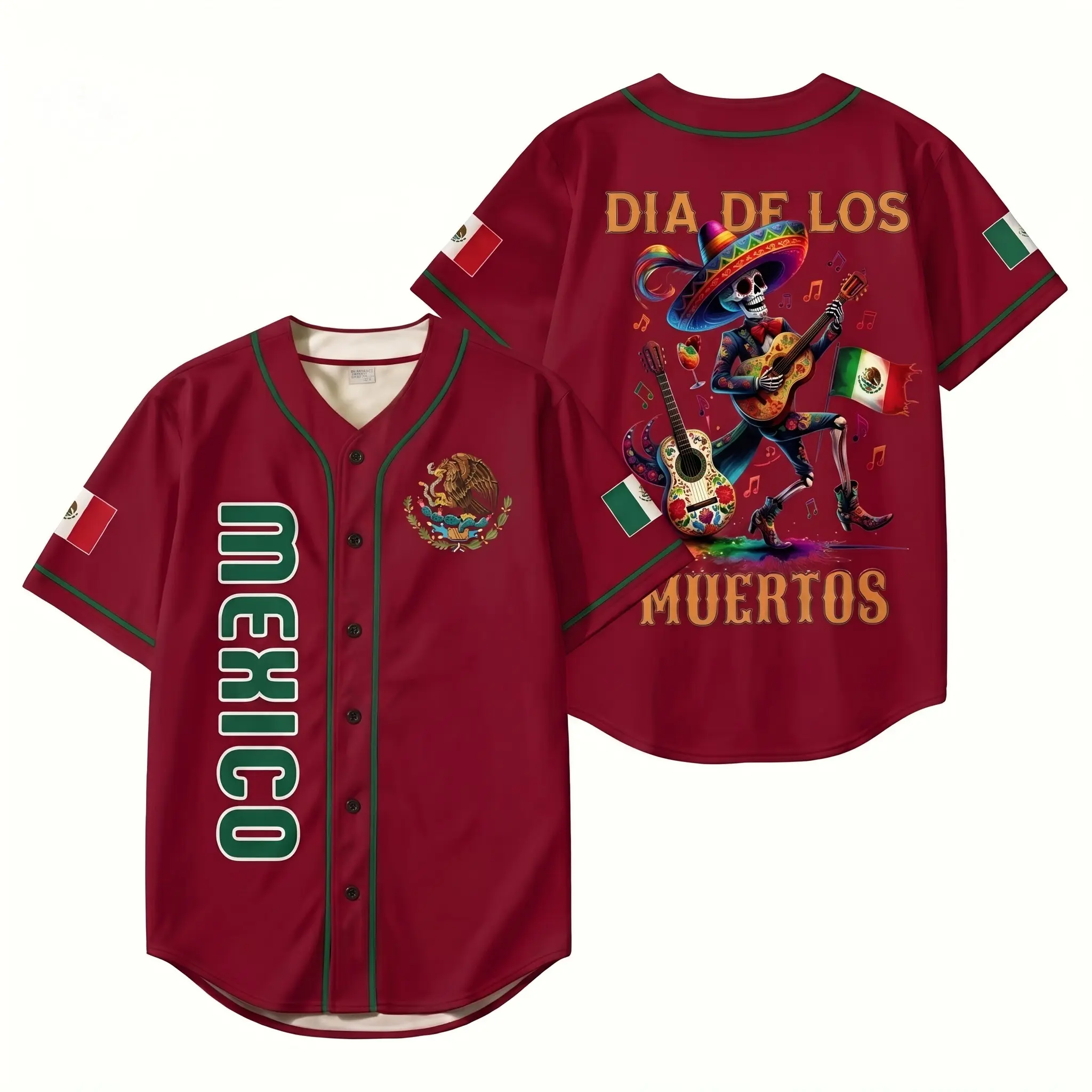 Men's Maroon Mexico Mariachi Baseball Softball Jersey - Short Sleeve All-Over Print Quick-Dry Fabric Dia De Los Muertos Guitar Skeleton Button-Up Shirt for Cultural Events