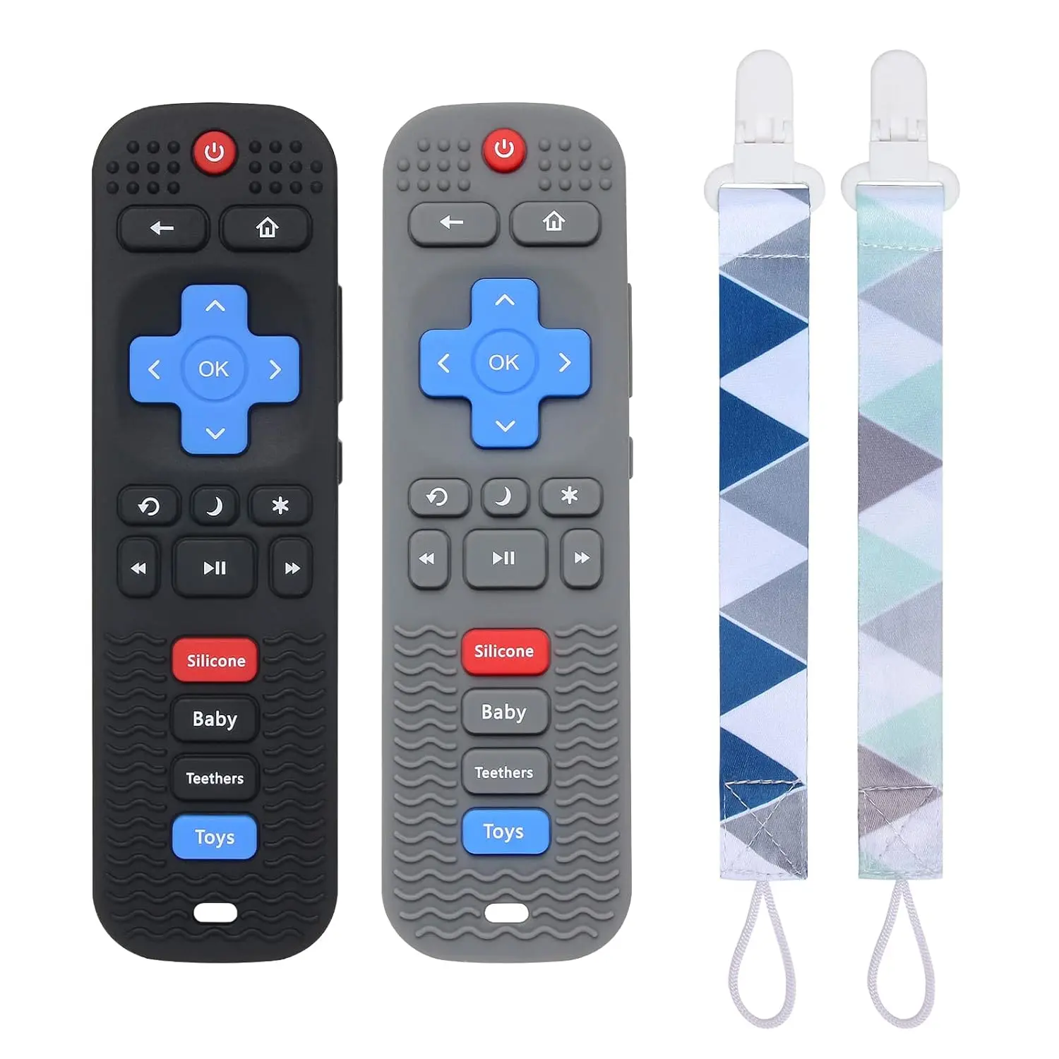 Silicone Baby Teething Toys with clip 2 Pack , Remote Control Shape Teething Toys for Babies 6-12 Months, BPA Free, Soft and Textured Teether Relief Soothe Gums Baby Chew Toys