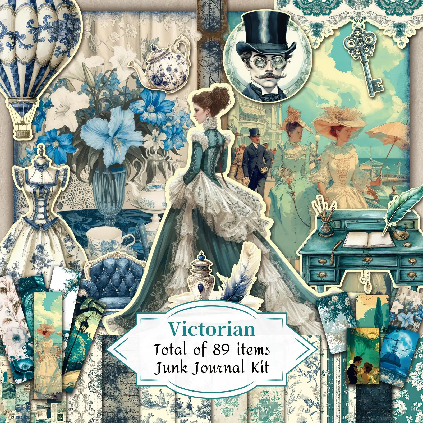 Victorian Junk Journal Kit, 89pcs/set Scrapbooking Supplies with 22 Scrapbook Papers, 20 Tags, 10 Bookmarks, 8 Postcards, 1 Envelope, 1 Folio, 12 Ephemera & 15 Stickers