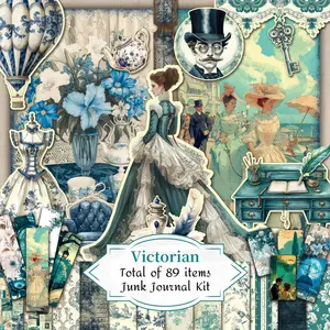 Victorian Junk Journal Kit, 89pcs/set Scrapbooking Supplies with 22 Scrapbook Papers, 20 Tags, 10 Bookmarks, 8 Postcards, 1 Envelope, 1 Folio, 12 Ephemera & 15 Stickers