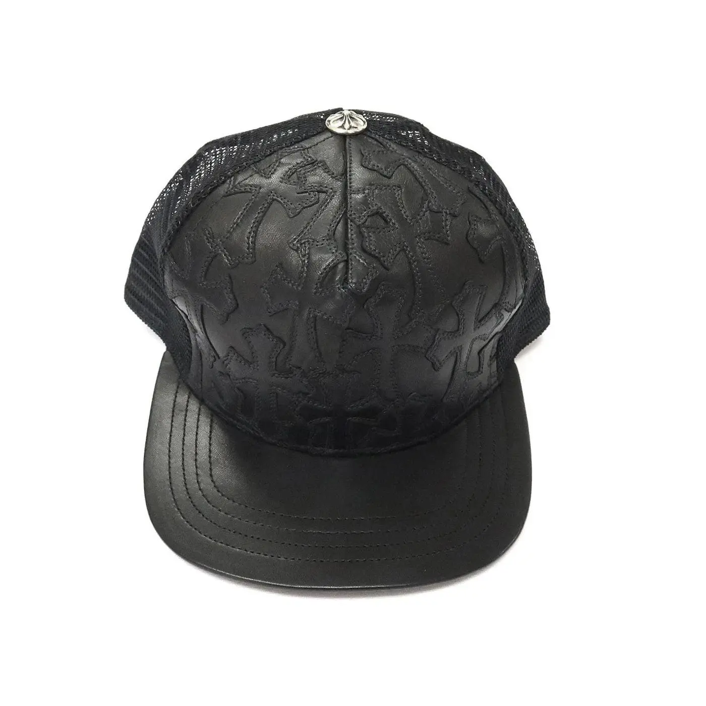 Chrome Hearts Cemetary Cross Leather Stitched Trucker Hat Black - Lightly Worn