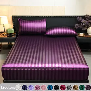 2/3PCS Luxury Silky Striped Satin Fitted Sheet Set, Fitted Sheet + Pillowcases, Soft Breathable Cooling Bedding, Dustproof Mattress Protector, Machine Washable, Multiple Sizes