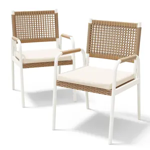 Stackable Dining Armchairs, Breathable Cushion with White Metal Frame, Weatherproof Outdoor Seating for Garden Deck Balcony Backyard patio furniture