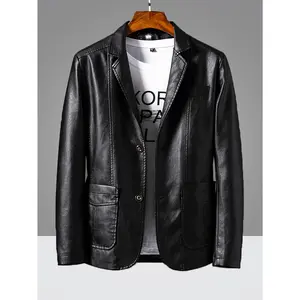 Sleek Lightweight Faux Leather Blazer - Men's Casual Jacket with Pockets, Button-Up, Machine Washable for All Seasons