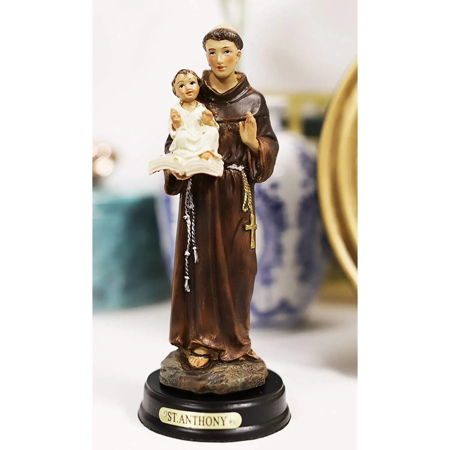 Religious Saint Anthony of Padua Hand Figurine with Pedestal, Carrying Baby Jesus and The Bible, 5.25in Tall Home Decor Statue