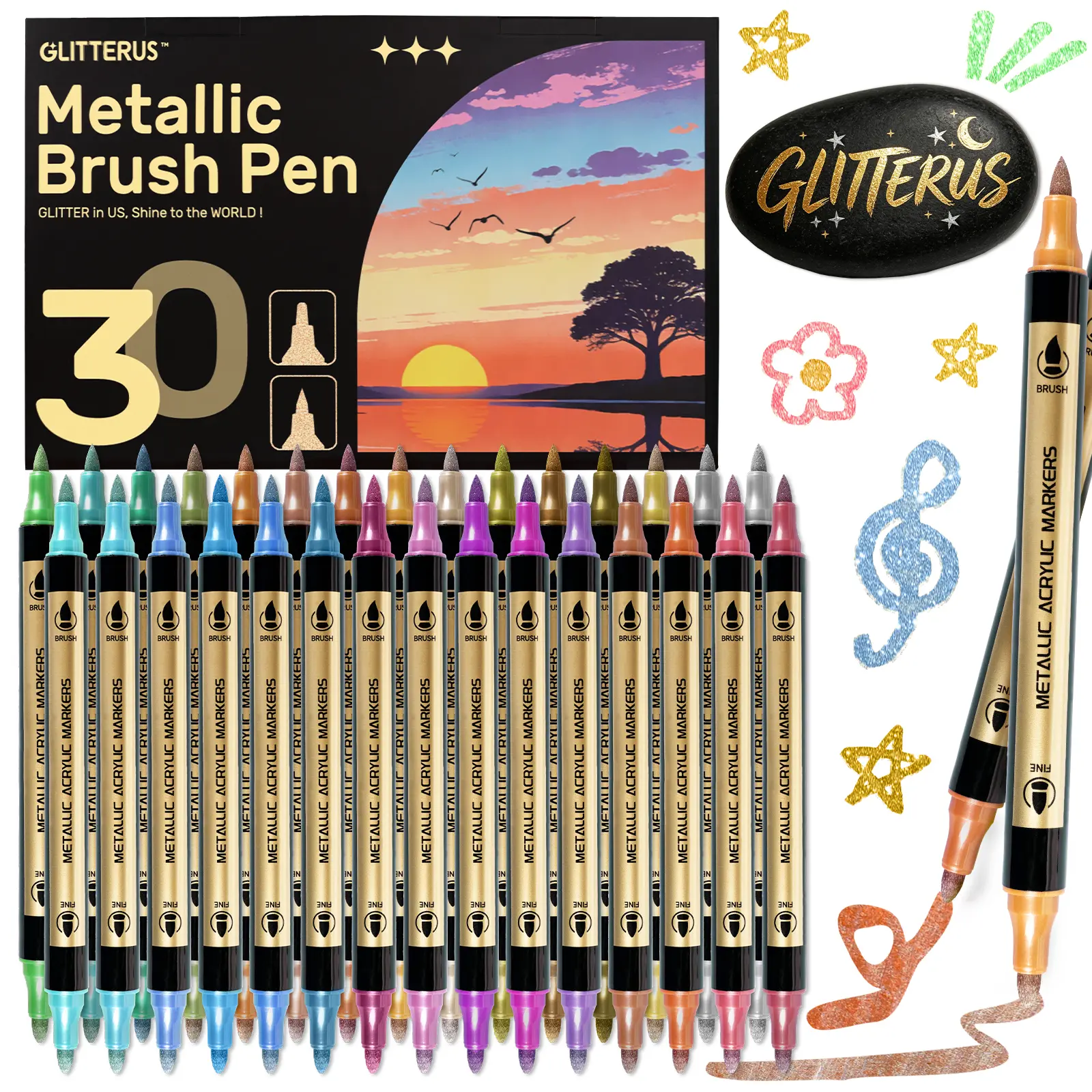 Glitterus Metallic Acrylic Paint Markers -Dual Tips Brush + Fine Tip Art Supplies for Fabric, Rock - For Adults, Teens - Thanksgiving, Easter, Valentine's Day Gifts, Wedding Guest Book, Photo Album Accents, TikTokshopsummersale