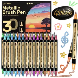 Glitterus Metallic Acrylic Paint Markers -Dual Tips Brush + Fine Tip Art Supplies for Fabric, Rock - For Adults, Teens - Thanksgiving, Easter, Valentine's Day Gifts, Wedding Guest Book, Photo Album Accents