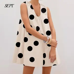 Women's Polka Dot Babydoll Mini Dress Scoop Neck Sleeveless Summer Tank Dresses with Pockets