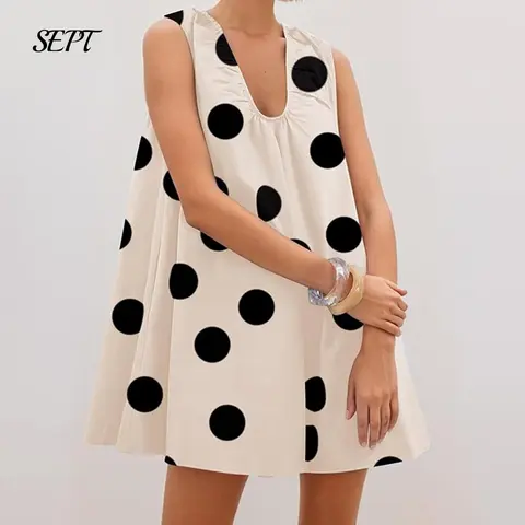 Women's Polka Dot Babydoll Mini Dress Scoop Neck Sleeveless Summer Tank Dresses with Pockets