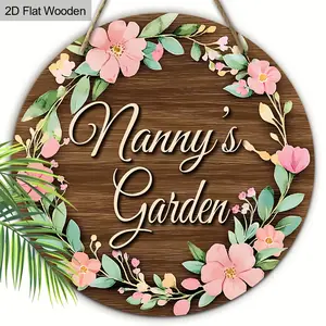 1PC 2D Flat "Nanny's Garden" Welcome Sign - Wooden Letter Sign - 19.99cm Round Artificial Wooden Plaque with Pink and Green Wreath, Cursive Font and Hanging Loop - Nanny Gift, Garden Plaque - Imitation Wood, No Tools Needed - Yard Sign