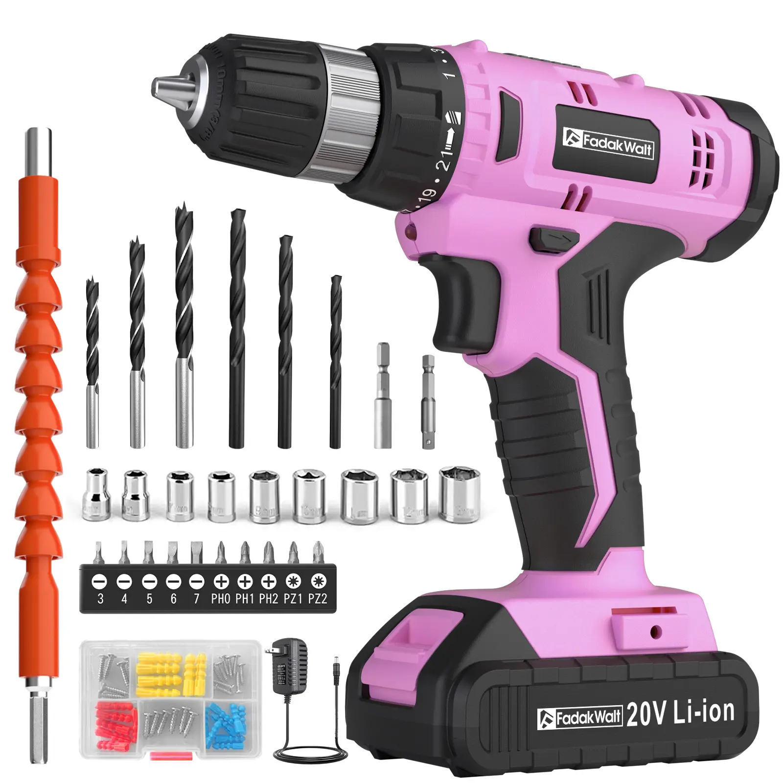 FadakWatt 20V Cordless Drill Driver Kit, 21+1 Torque Pink Electric Tool with LED Light, Drill Bits Set & Tool Box for Metal, Wood Screws, Power Tools Diy Power Tools Cordless Rechargeable Drill