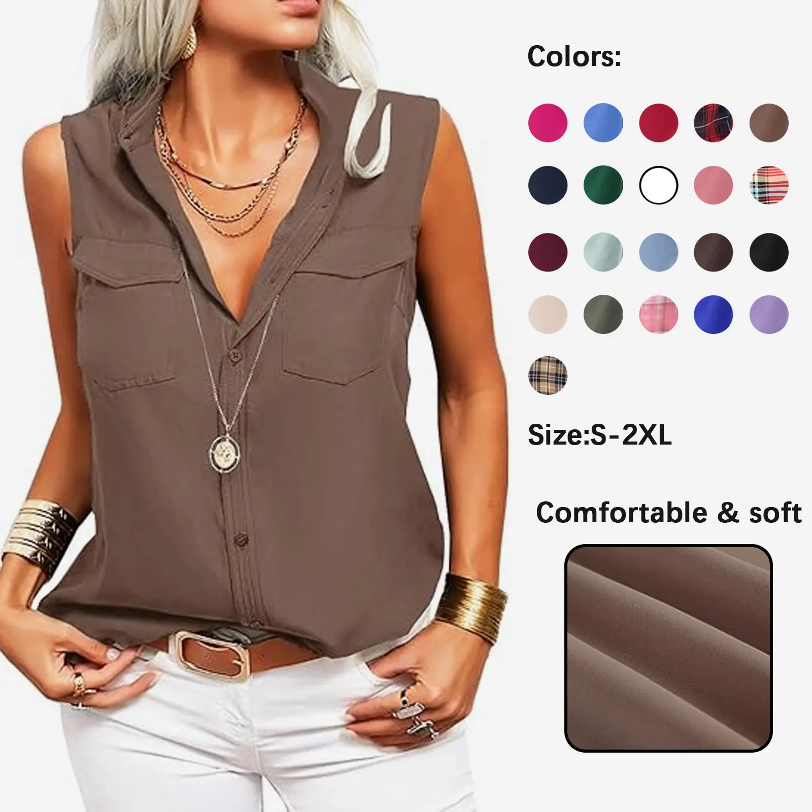 Women's Solid Lapel Sleeveless Tank Tops Summer Button Down Shirts Office Ladies Shirts