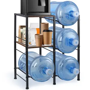 5 Gallon Water Jug Holder, Water Bottle Rack with 2-Tier Wooden Storage Shelves, Water Bottle Holder Water Jug Dispenser Stand for Home Office Garage