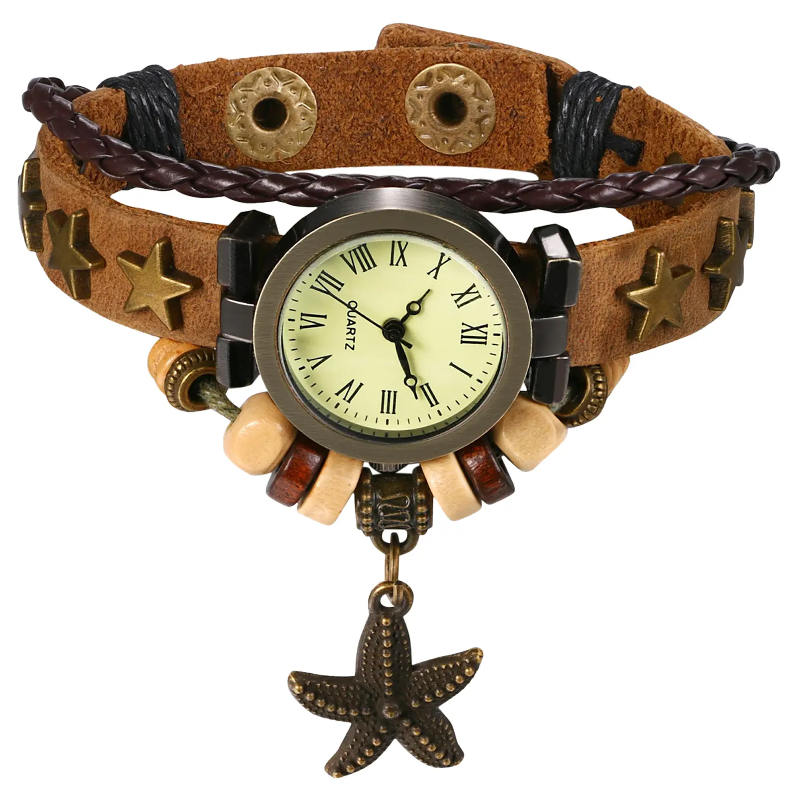 OIDEA Watches for Women, Bohemian Leather Wrap Bracelet, Casual Fashion Quartz Analog Wristwatch with Vintage Leaf & Starfish Charms, Casual Fashion Wristwatch, Grandma, Mothers Day, Wrap-Around, Adjustable Mechanism Wrist Watches, Gift Watch, Analogue Qu