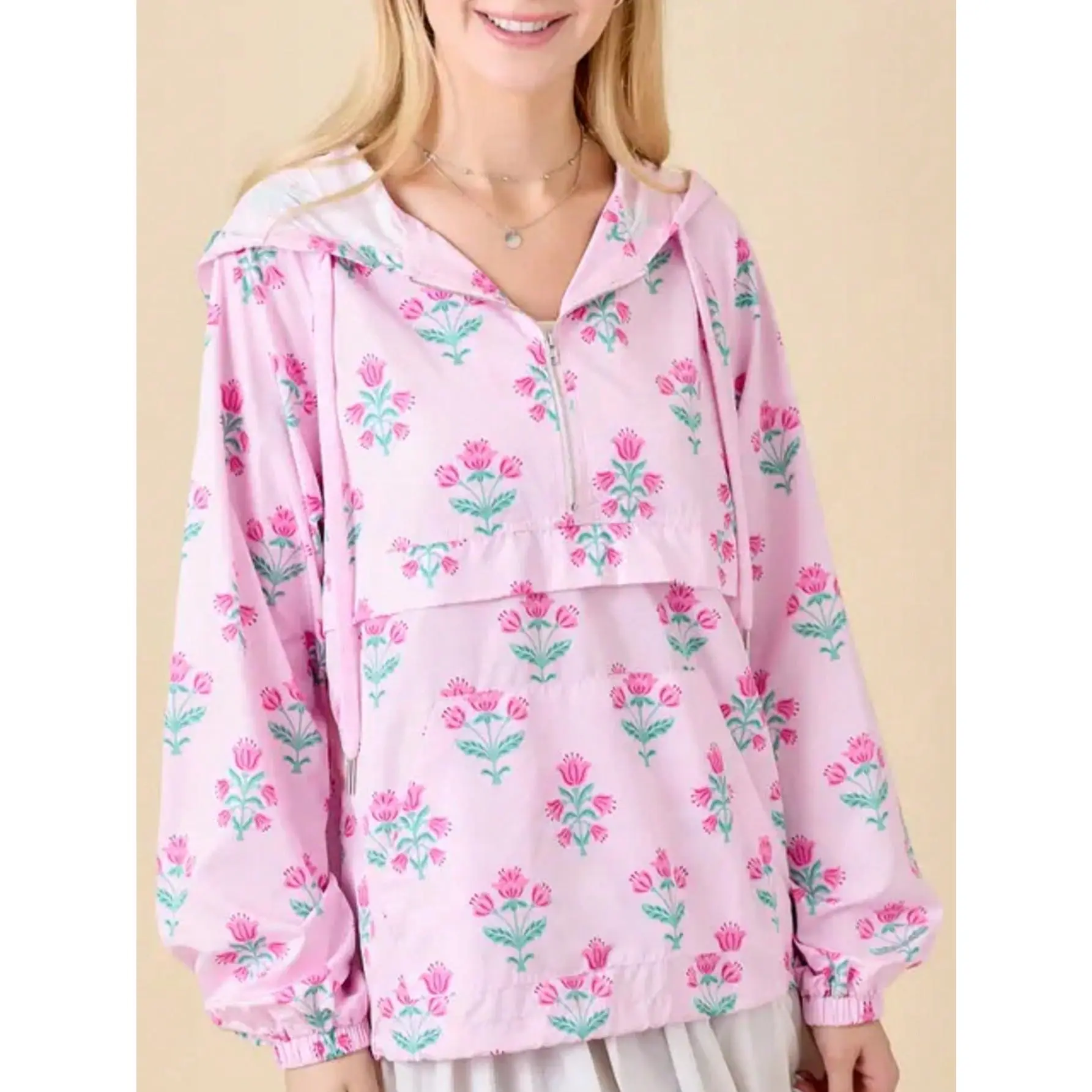 Cute Pink Floral Half-Zip Hoodie For Women Lightweight Pullover Windbreaker With Hood And Elastic Cuffs Adorable Tulip Print Ideal For Spring Fall Or Layered Looks Soft Comfy Stylish For Daily Casual Or Outdoor Wear Sweatshirts Tops Womenswear Fit Outfit