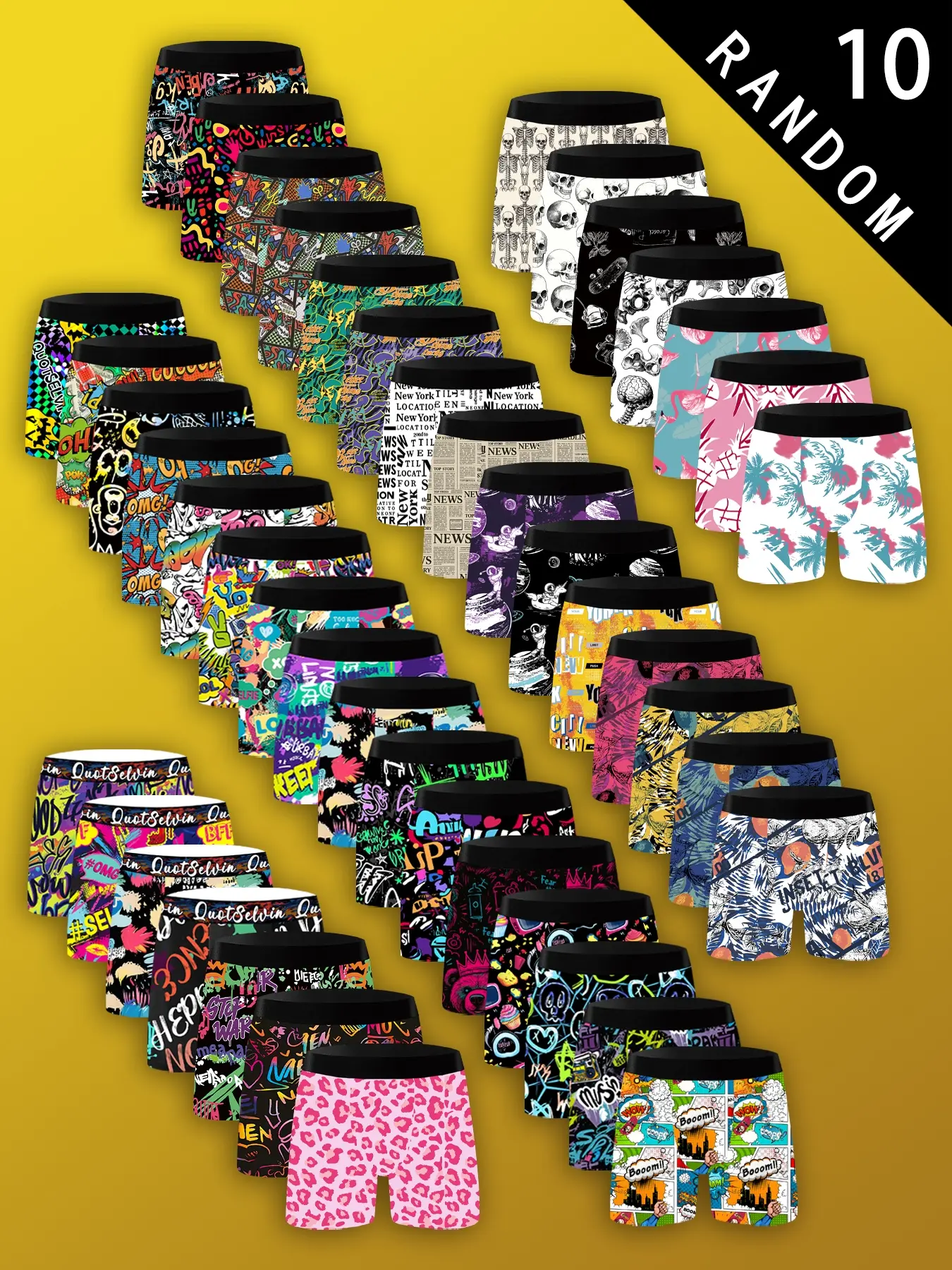Men's boxer briefs, 10 - pack with random colorful graffiti prints, comfortable and soft shorts, elastic sportswear, casual daily underwear, suitable for swimming/diving/running and other exercise moments, suitable gift for gifting, Stretchy Boxer Briefs