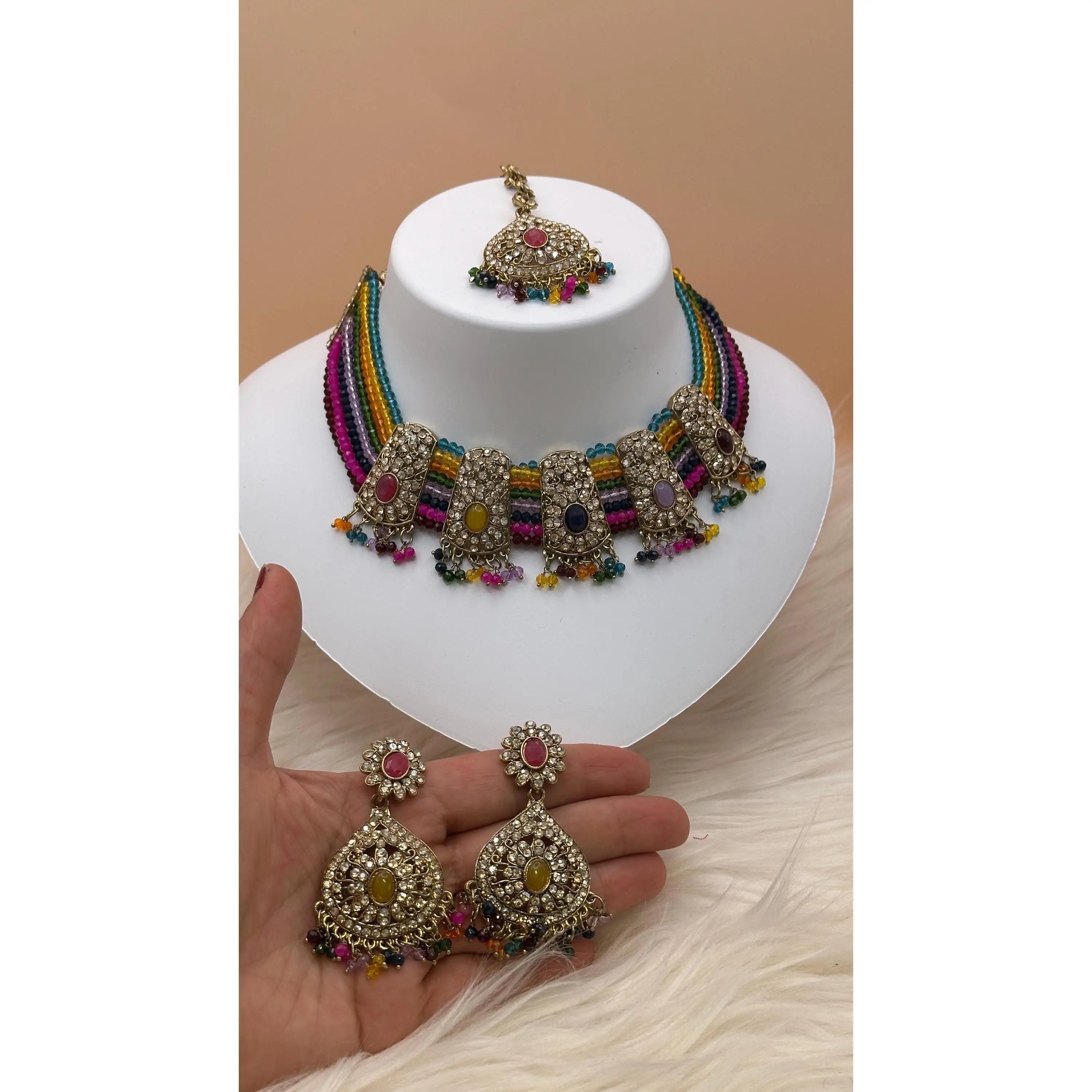 Multicolor Beaded Kundan Choker Set – Vibrant Beads with Matching Earrings
