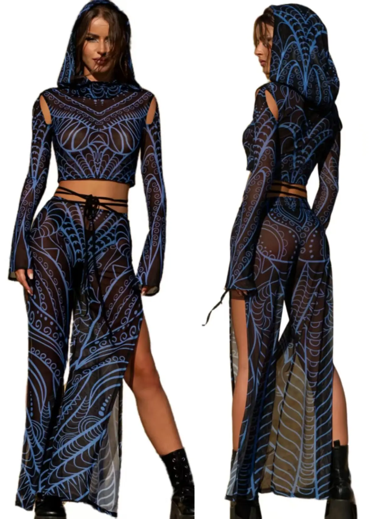 Blue Mysterious Hooded Mesh Top, Wide Leg Pants Set, Holiday Performance Costume, Party Dance Costume Halloween Costumes And Christmas Performance Outfits