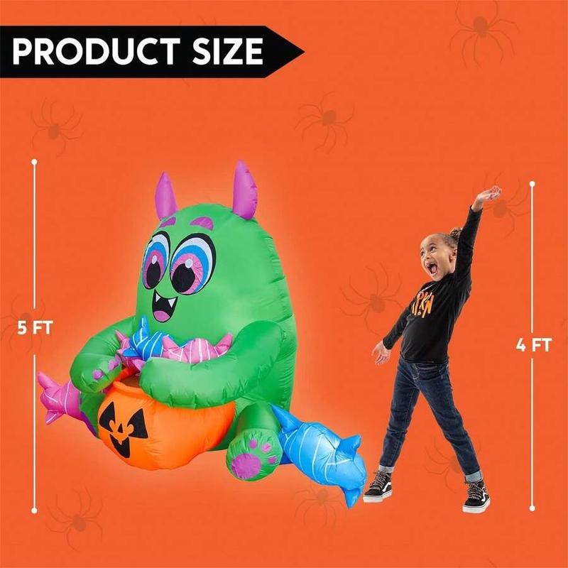 5 Feet Long Halloween Inflatable Monster Candy with Pumpkin Yard Decoration Built-in LED Lights Toy Suitable for Party Indoor, Outdoor, Yard, Garden, Lawn bats decor Witch Cauldron Aromatherapy Santa Claus Tree Costume decoradoras de eventos spider web