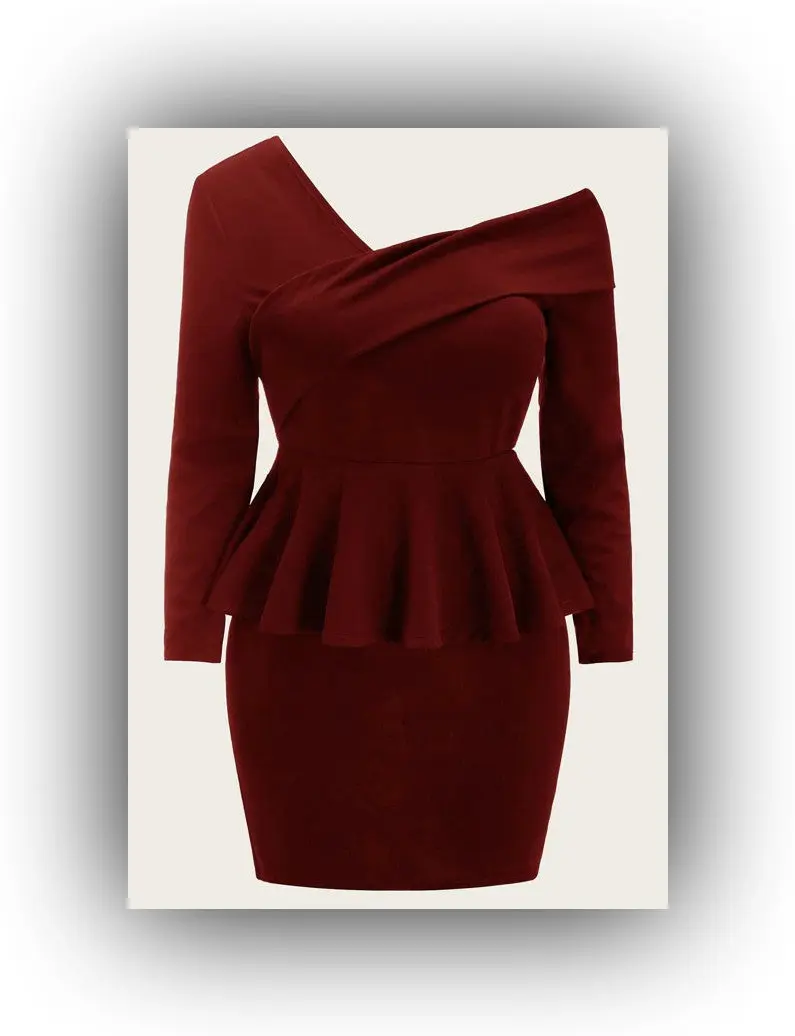 Peplum Asymmetrical Dress in Burgundy - 95% Polyester 5% Spandex with Stretch Fabric for Women's Fashion