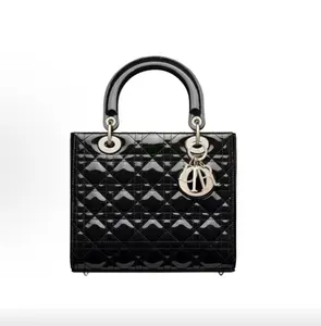 Pre-owned Dior Lady 5 Grid Medium Patent Calfskin Top Handle & Crossbody Bag