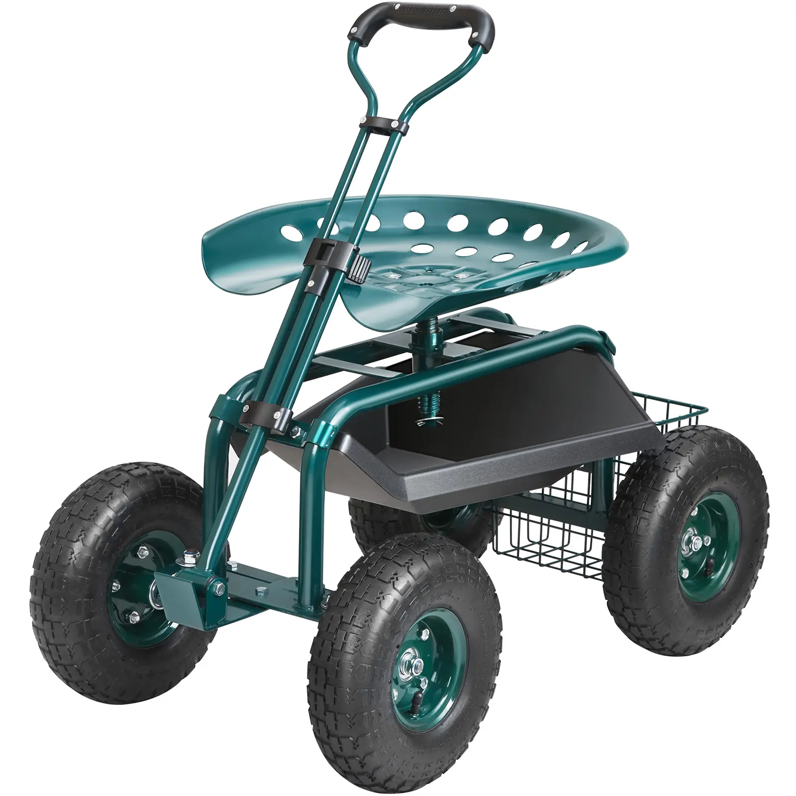 【summerfinds】VEVOR Garden Cart Rolling Workseat with Wheels, Gardening Stool for Planting, 360 Degree Swivel Seat, Wagon Scooter with Steering Handle & Utility Tool Tray, Use for Patio, Yard, and Outdoors, Green