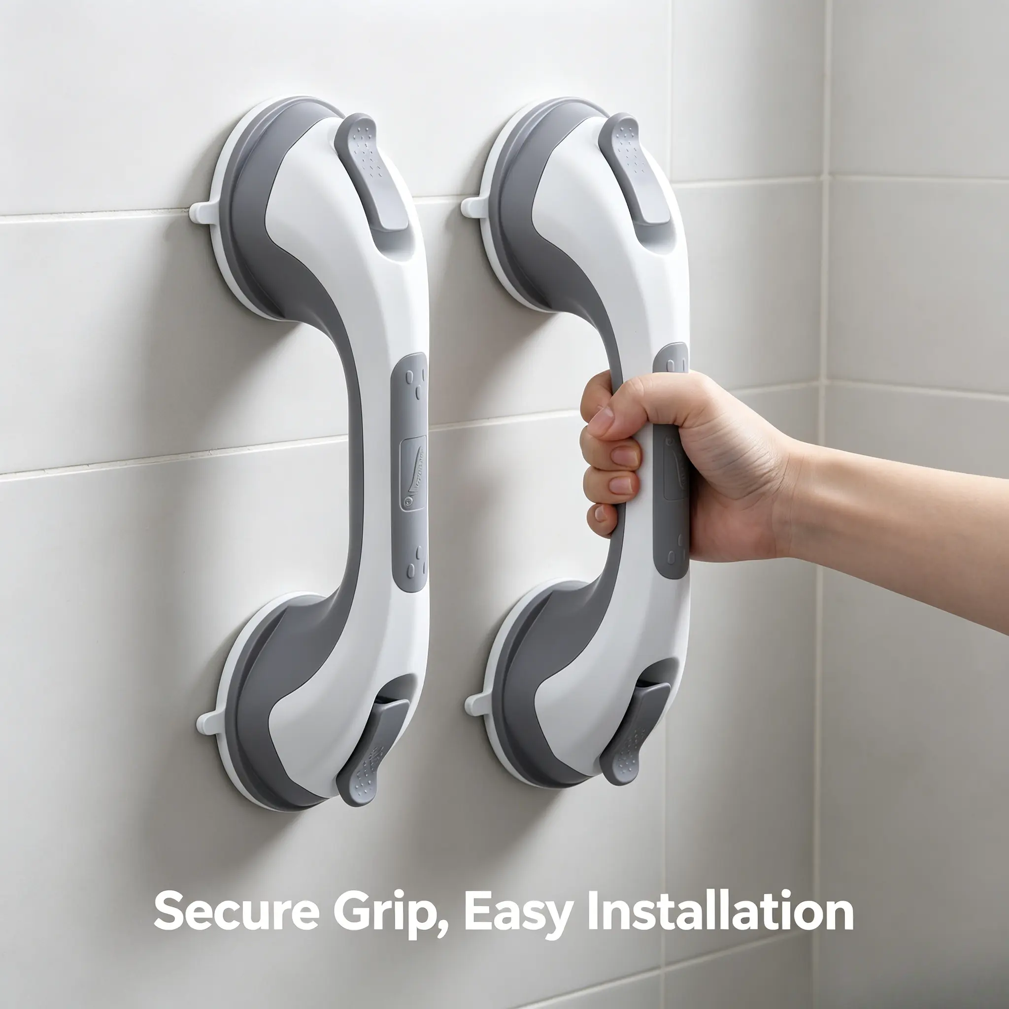 TAILI Grey No-Drilling Shower Grab Bars, 2-Pack 12-Inch Removable Suction Handles for Seniors' Bathtubs & Showers, Shower Grab Bar