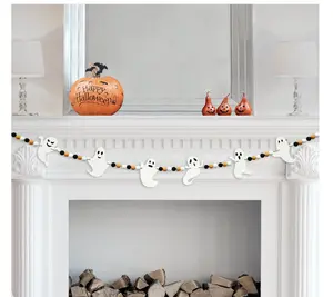 4 FT Halloween Wooden Beads Garland with Ghost Charms, Black Orange White Beaded Decor with Felt Ghost, Spooky Farmhouse Banner for Halloween Decorations, Shelf Display, Fireplace, Wall, Doorway