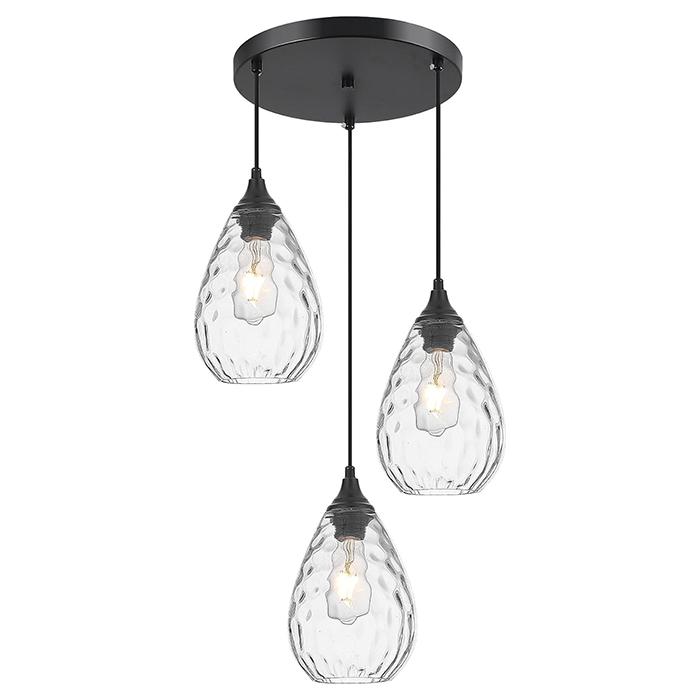 Black 3-Light Pendant Lighting, Modern Dining Room Light Fixture Over Table with Hammered Glass Cluster Hanging Lights for Kitchen Island Dining Room