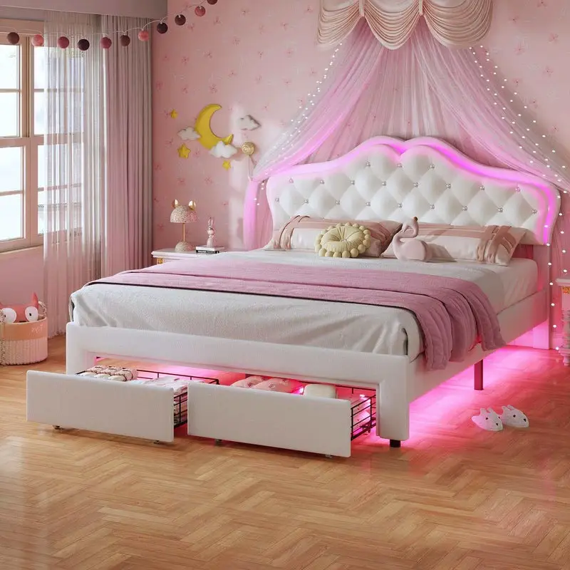 Sikaic Full Size Velvet Princess Platform RGB LED Bed with Storage Drawers and Adjustable Crystal Button Headboard Creamy Furniture Luxury Design Cute