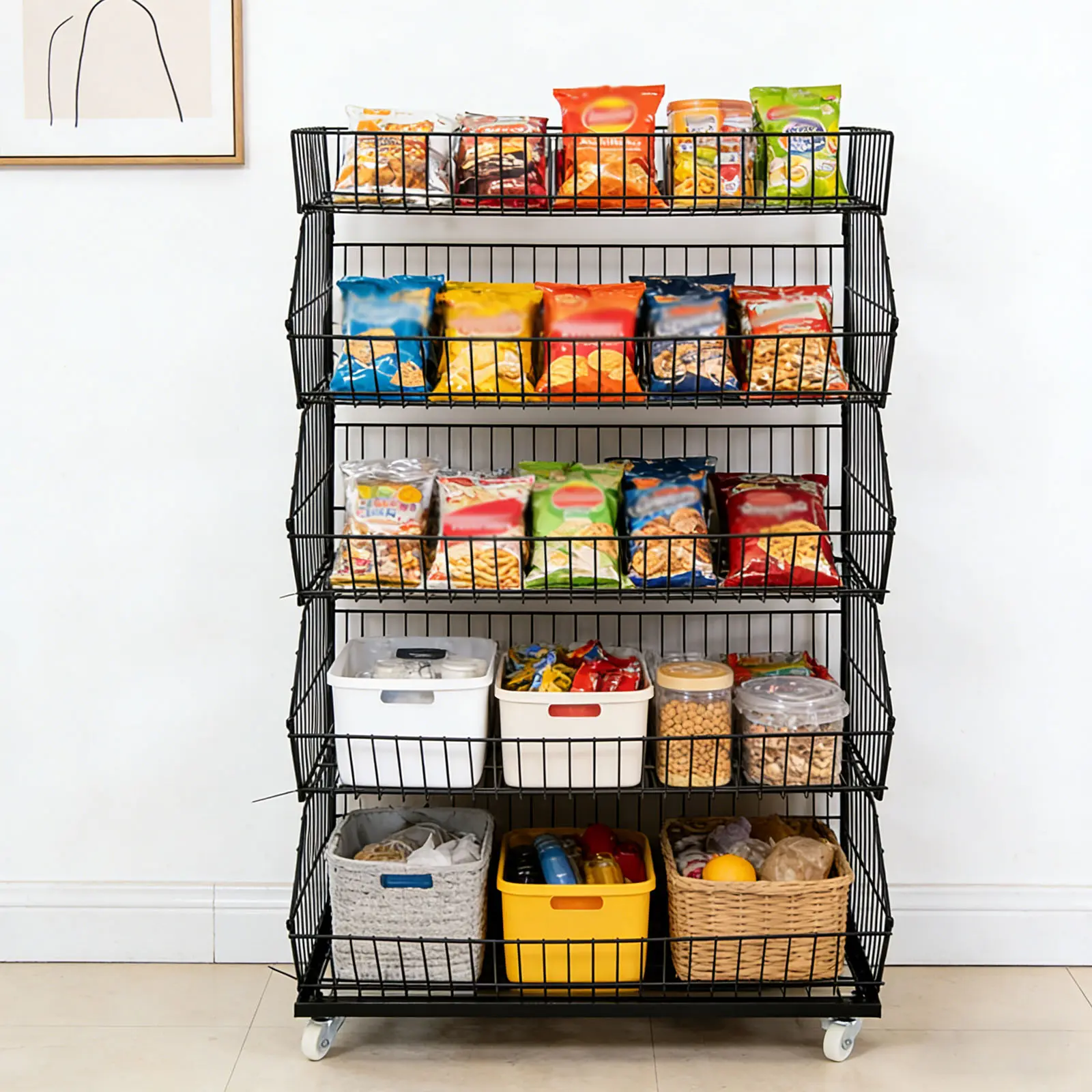 5 Tier Wire Display Rack With Wheels For Supermarket Fruit Vegetable Home