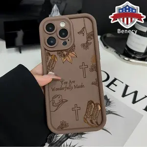 Western Christian Cowboy & Cross Pattern TPU Phone Case, Shockproof Drop Protection Durable Silicone Cover, Anti-Scratch Slim Protective Casing for iPhone 17 16 15 14 Pro Max 13 12 11 XR XS Plus&Samsung S26 25 24 23 22