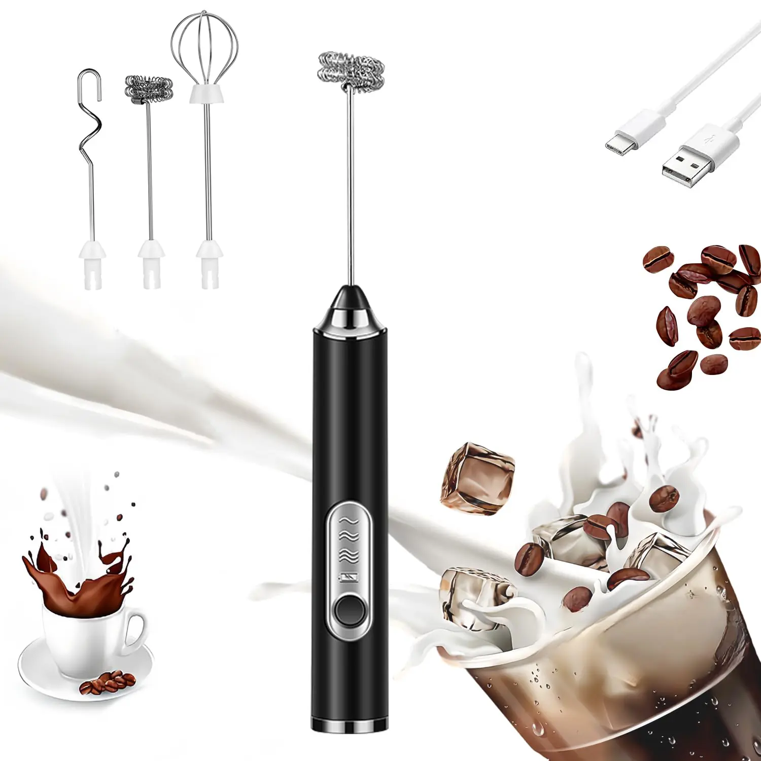 Cordless Electric Handheld Milk Frother with 3 Heads, High Speed, 3 Adjustable Speeds, USB-Rechargeable for Milk Foam, Cappuccino, Latte, Cordless Milk Frother