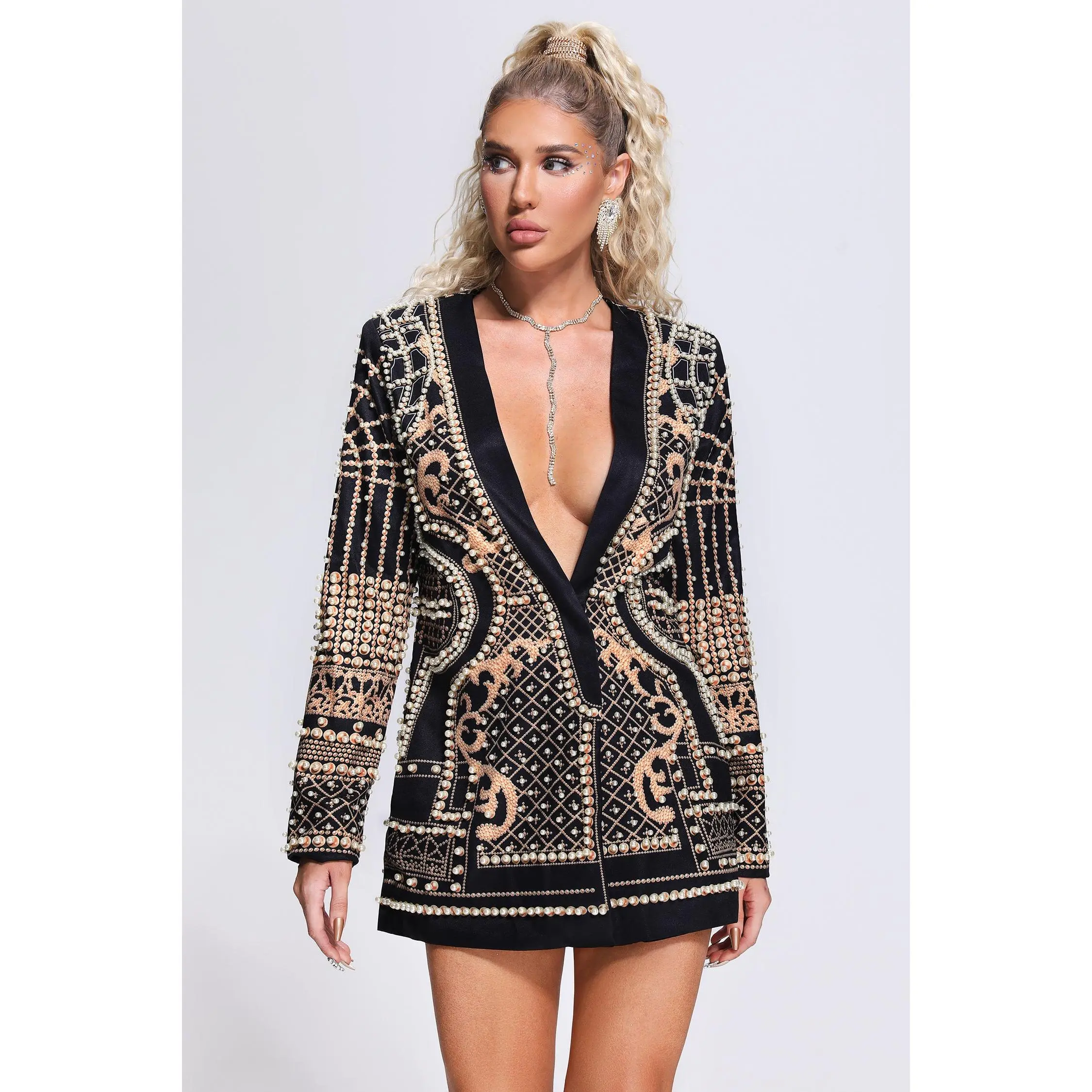 slim fit dress slacks Berylove Women Gold Blazer Dress A-Line Peak Lapel Midi Work Dress with Long Sleeves, Gold / XL