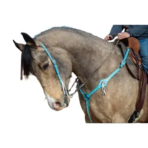 Turquoise Leather Western Headstall and Breast Collar Tack Set White Buckstitch and Leather Tassels