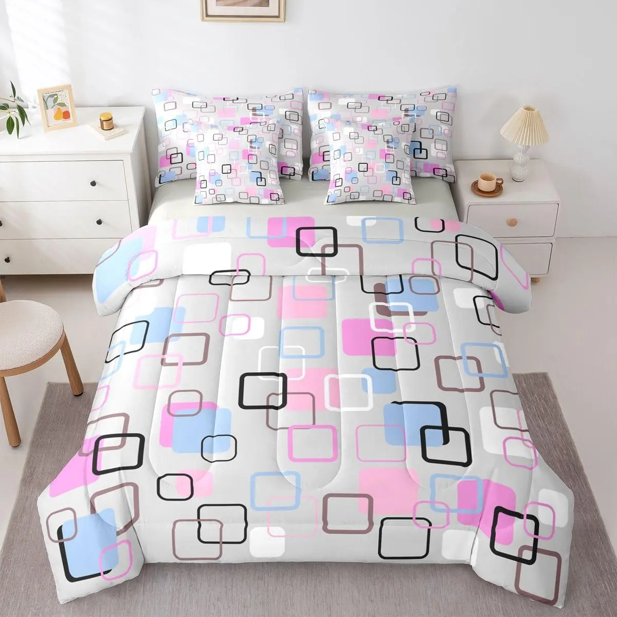 Comforter Set,Pink Blue Geometric Square 7 Pcs Bedding Adults,Modern Abstract Striped Bed Sheet Sets with Fitted Sheet 2 Pillowcases & 2 Shams for Bedroom Bed Decor