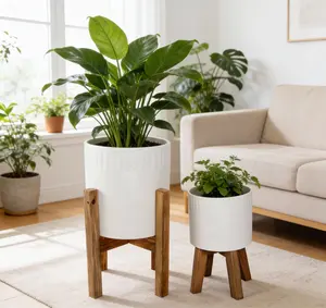 Set of 2 Ribbed Ceramic Planters with Wooden Stands