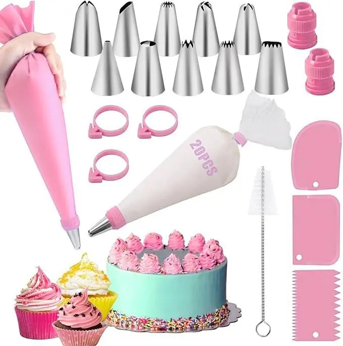 40 piece cake decoration tool set: reusable piping bag and piping nozzle set | The set includes: 20 piping bags, 10 piping nozzles, 3 scrapers, 2 connecting tubes, 3 bag ties, and 1 brush