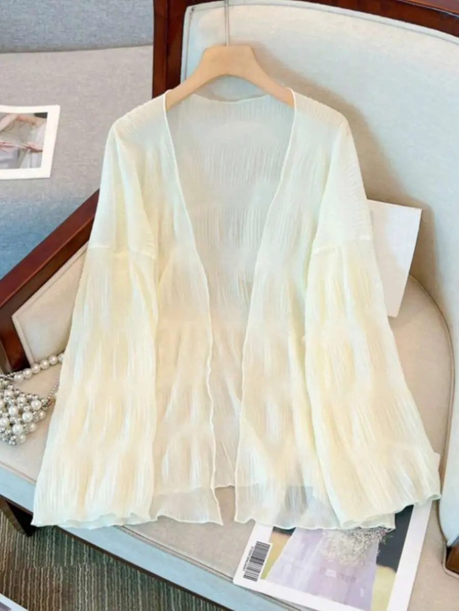 LUNA LAYER Women Lightweight French Pleated Sun Protection Cardigan Flare Sleeve Cover Up Apricot