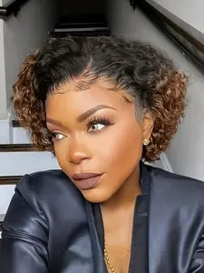1B/brown black color 13X4 lace Curly Frontal Wigs daily party cosplay gift use remy wig short  curly wave human hair wig pixie cut human hair wigs for women