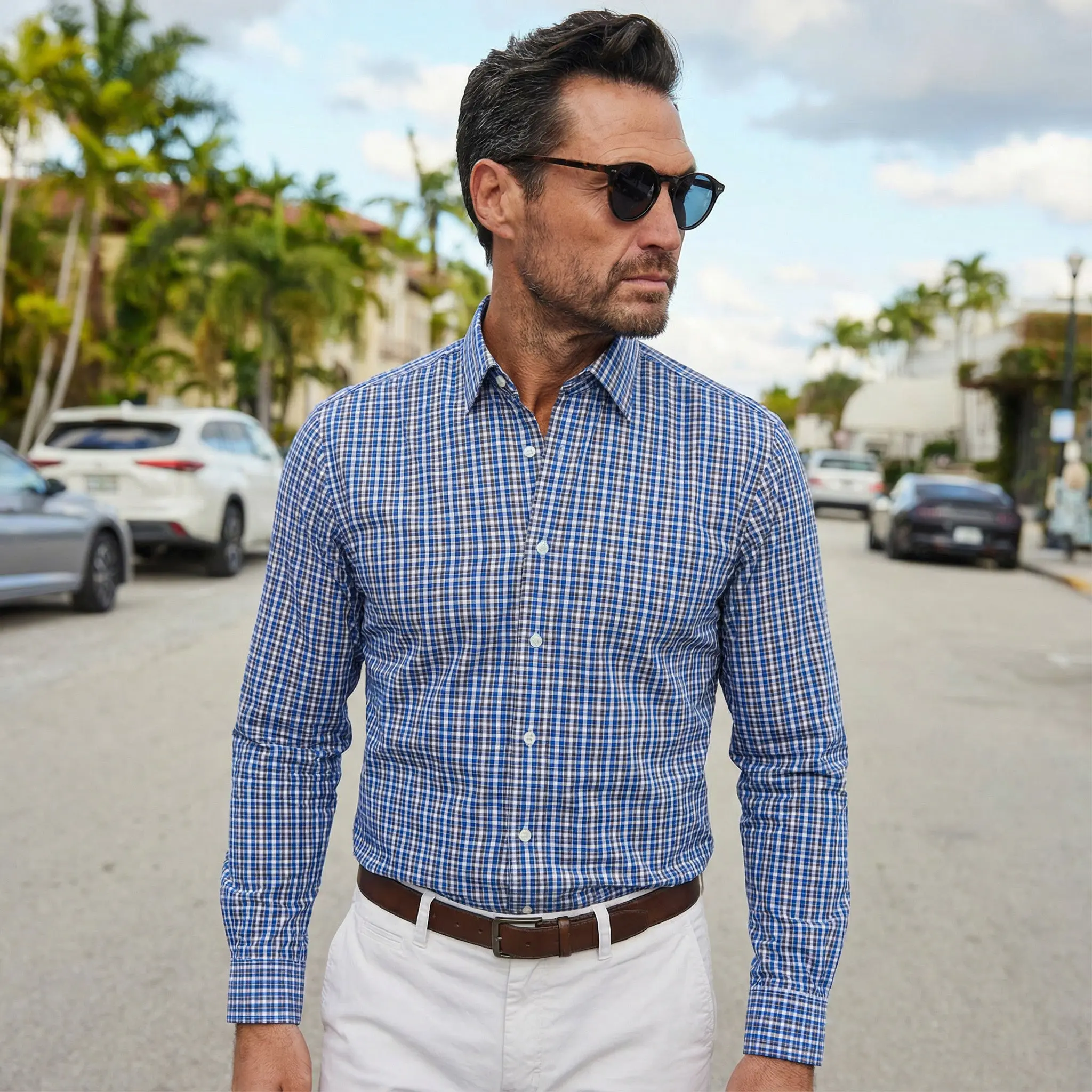 Apex Performance Dress Shirt Semi-Spread Collar Royal and Brown Tattersall