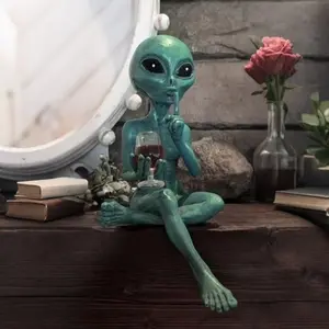 Alien Drinking Wine Sculpture - Green Resin Sci-Fi Figurine for Desk or Bookshelf, a Humorous & Unique Decor Piece for Space Enthusiasts and Collectors, Statue, Modern Home Decoration, Decoration Items, Ornaments